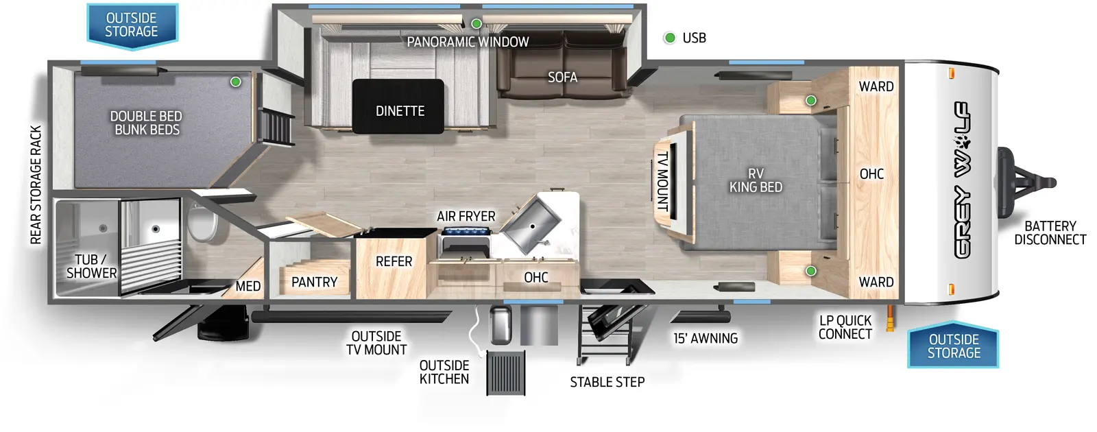 The Cherokee Black Label 26DBHBL floorplan has two entries and one slide out. Exterior features include: fiberglass exterior, 15' awning and outside kitchen. Interiors features include: bunk beds, u-dinette and front bedroom.